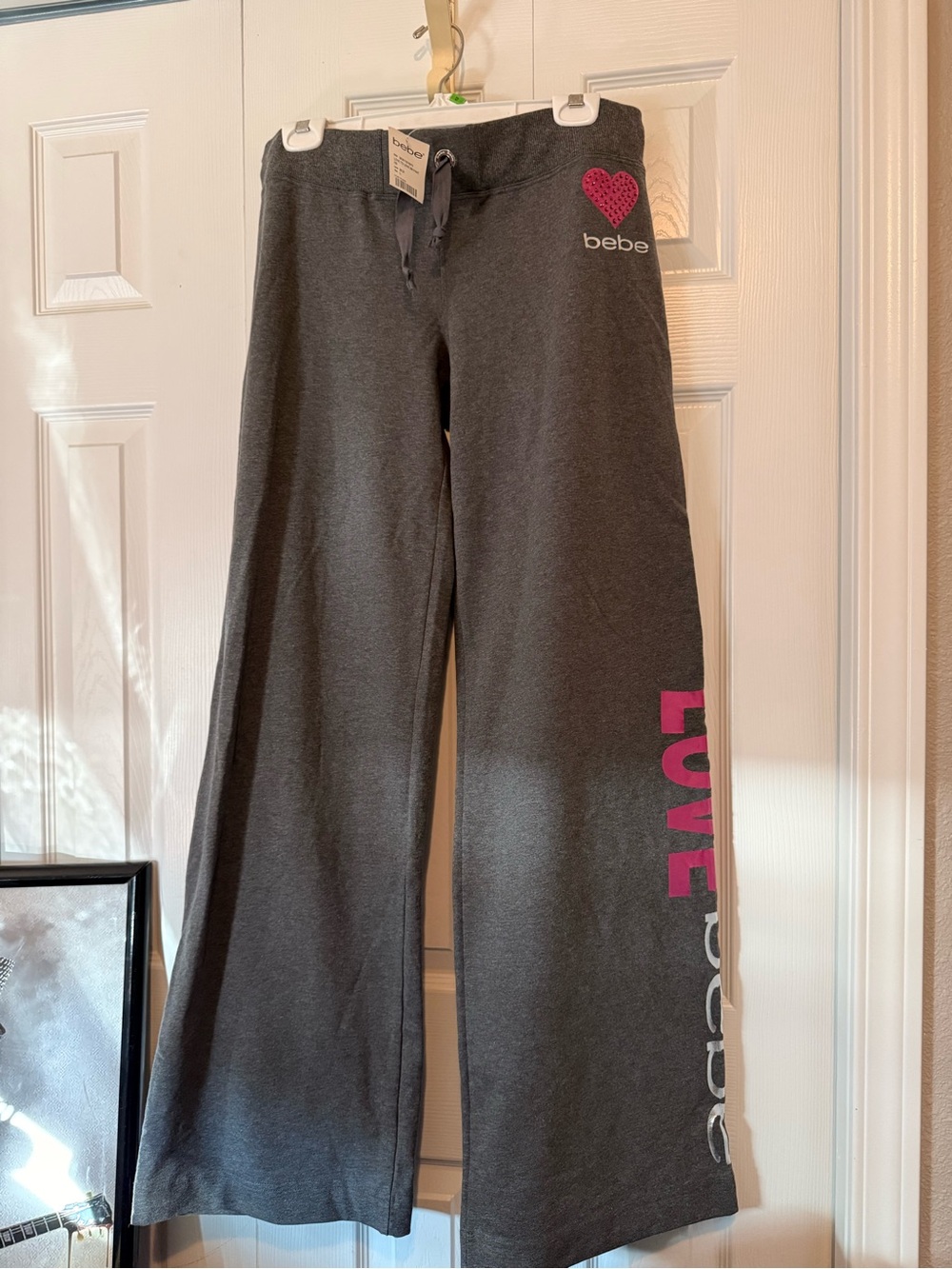 Bebe  Love to Love Charcoal Sweatpants with Pink Heart and Pink LOVE Side Print